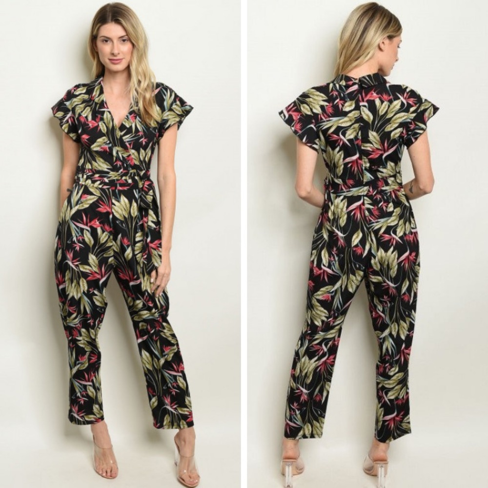 Short Sleeve V-neck with Leaves Print Jumpsuit